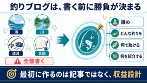 海、川、道具、日記を全部書くのではなく誰のどんな釣りを何で助け何を紹介するか決める図