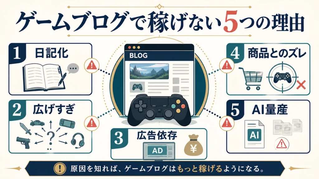 日記化、広げすぎ、広告依存、商品とのズレ、AI量産というゲームブログで稼げない5つの理由