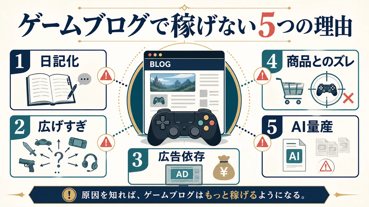 日記化、広げすぎ、広告依存、商品とのズレ、AI量産というゲームブログで稼げない5つの理由