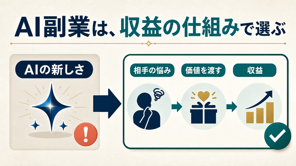 AI副業をAIの新しさではなく相手の悩みから価値を渡して収益を得る仕組みで選ぶ図