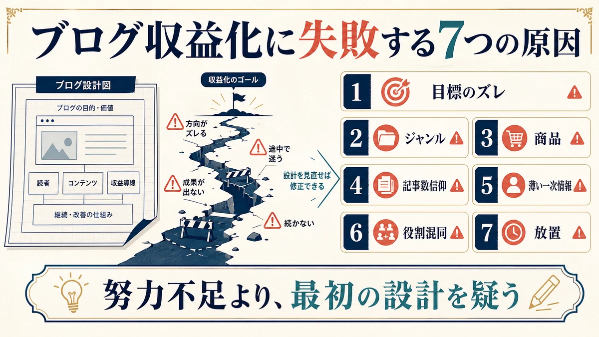 目標のズレ、ジャンル、商品、記事数信仰、薄い一次情報、役割混同、放置というブログ収益化失敗の7原因