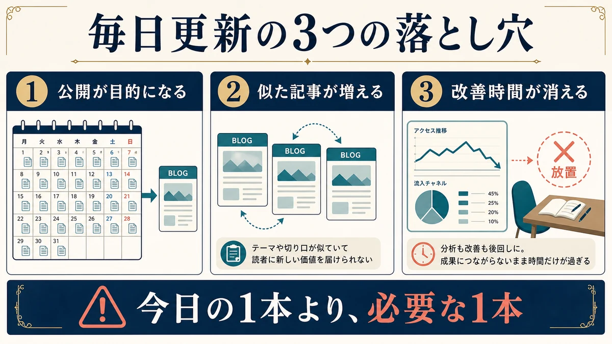 公開が目的になる、似た記事が増える、改善時間が消えるという毎日更新の3つの落とし穴
