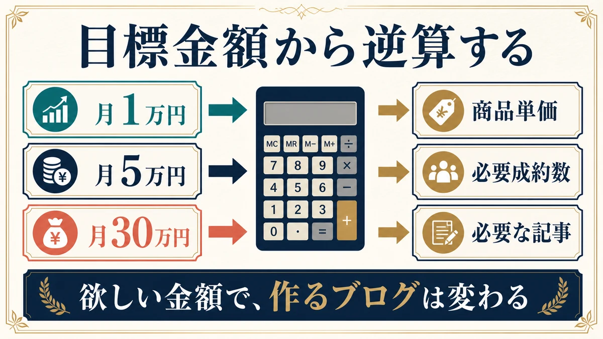 月1万円、月5万円、月30万円の目標から商品単価、必要成約数、必要な記事を逆算する図