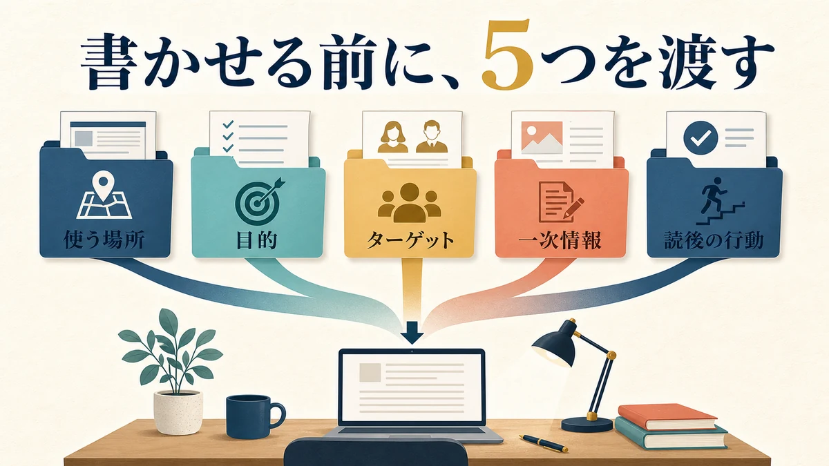 目的、ターゲット、掲載場所、一次情報、読後の行動というAIライティング前の5つの入力情報