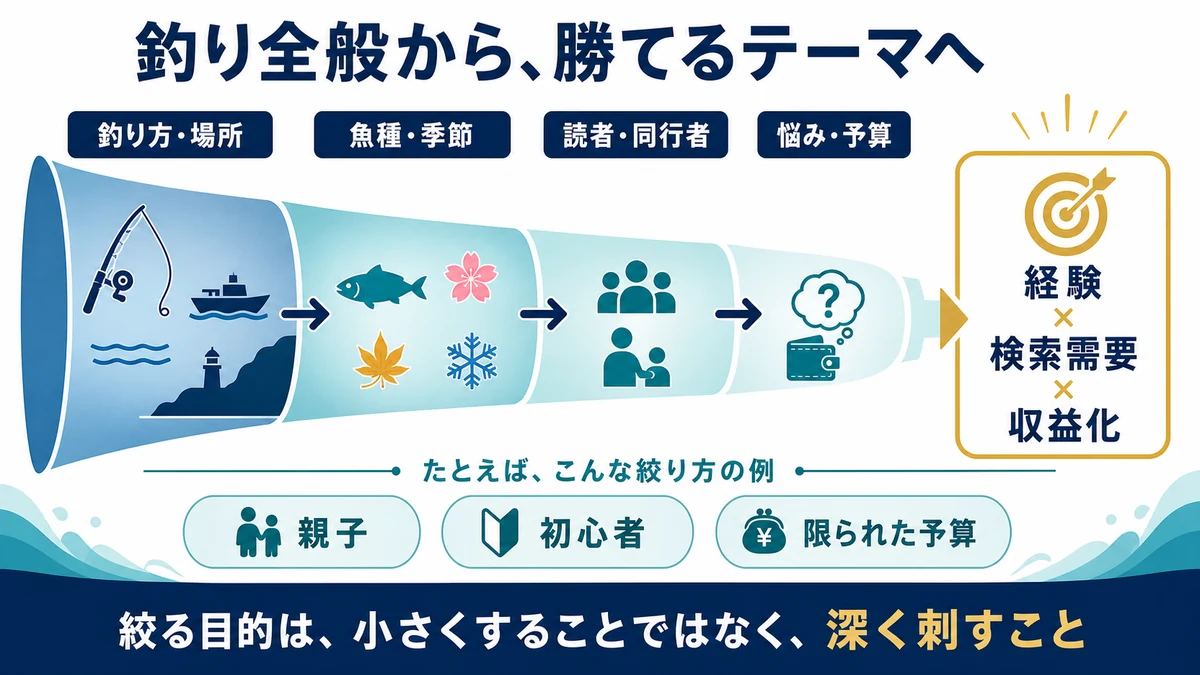 釣り方と場所、魚種と季節、読者と同行者、悩みと予算で釣りブログのテーマを絞る図