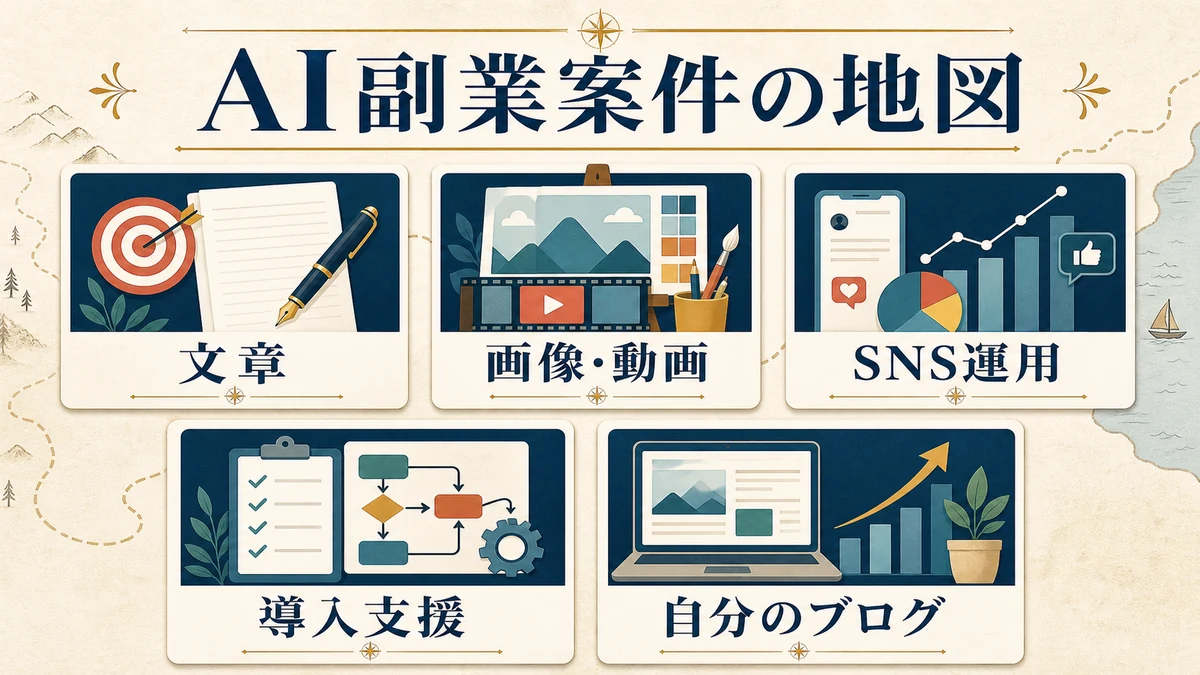 文章、画像動画、SNS運用、AI導入支援、自分のブログという代表的なAI副業案件の地図