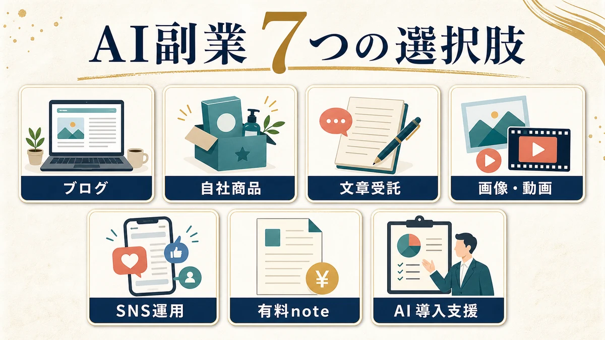 ブログ、自社商品、文章受託、画像動画、SNS運用、有料note、AI導入支援というAI副業7種類の比較図