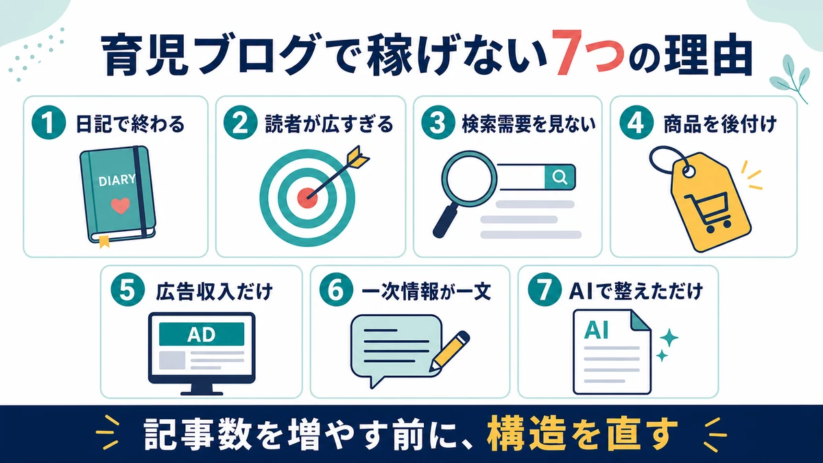 日記、広すぎる読者、検索需要、商品後付け、広告収入、薄い一次情報、AI任せという7つの原因