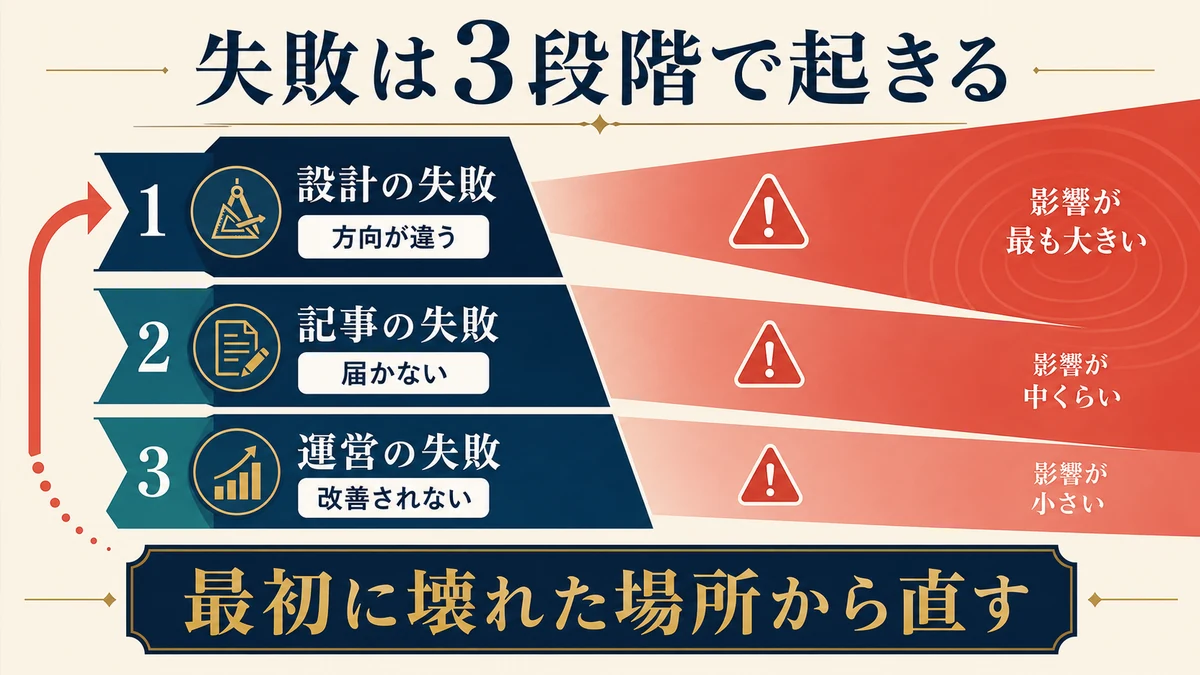 設計の失敗、記事の失敗、運営の失敗を影響の大きい順に示す図