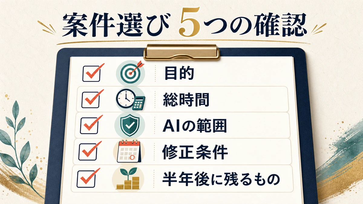 目的、総時間、AIを使う範囲、修正条件、半年後に残るものを確認する案件選びのチェックリスト
