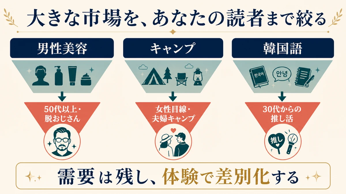 男性美容を50代以上、キャンプを女性目線の夫婦、韓国語を30代の推し活へ絞ったブログ事例