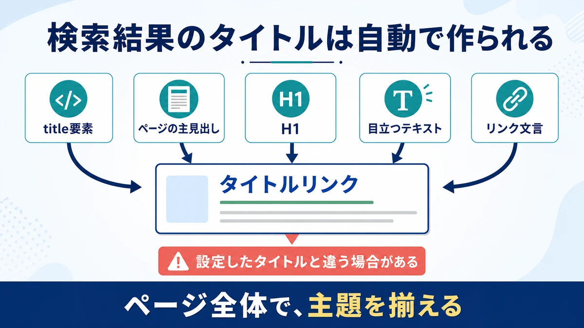 title要素、ページの主見出し、H1、目立つテキスト、リンク文言から検索結果のタイトルリンクが作られる図