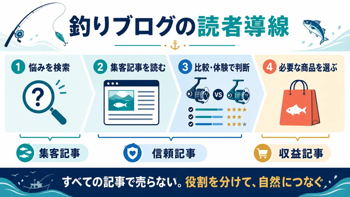 悩みの検索から集客記事、比較と体験による判断、必要な商品の選択へつなぐ読者導線