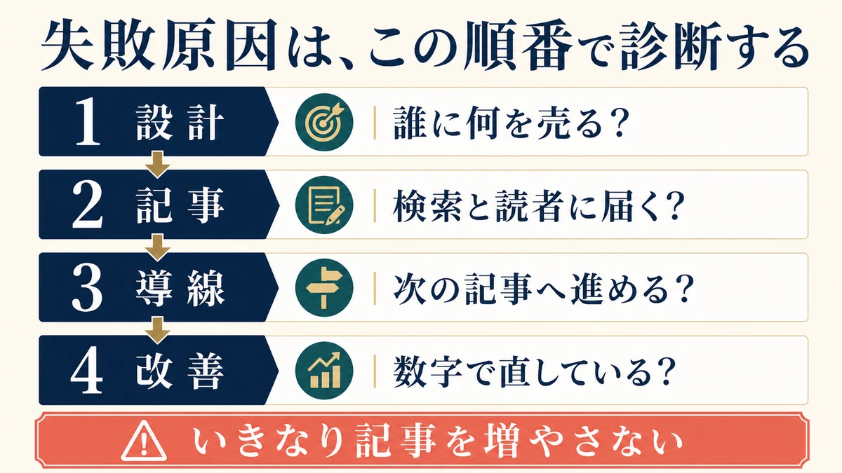 設計、記事、導線、改善の順にブログ収益化の失敗原因を診断するフロー