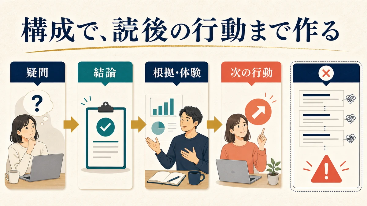 検索意図から結論、根拠、一次情報、次の行動へつなぐAIライティングの記事構成