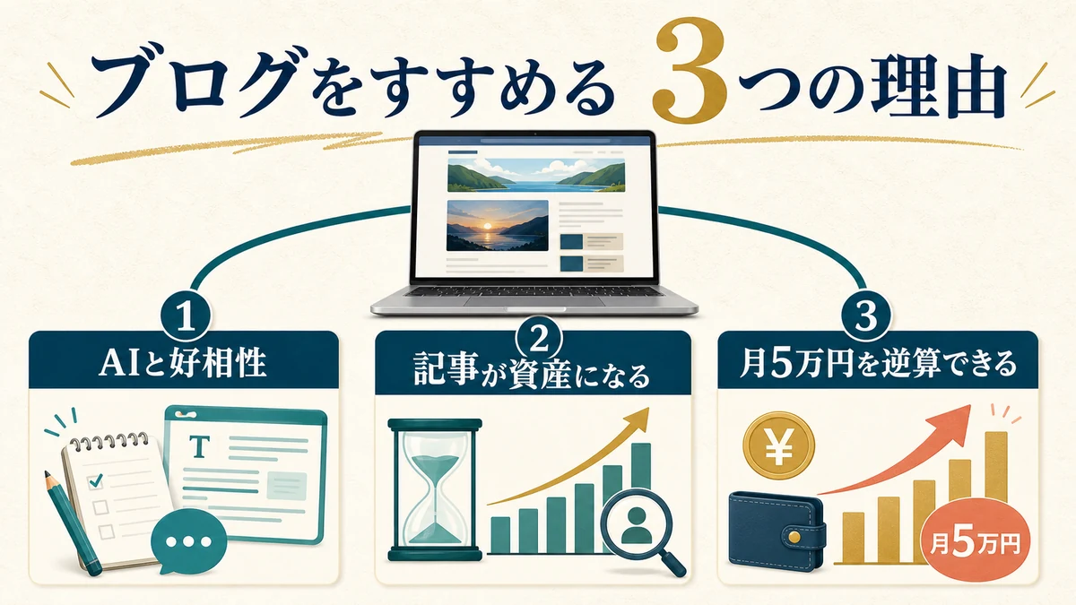 AIと相性が良い、記事が資産になる、月5万円から逆算できるというブログ副業の3つの利点