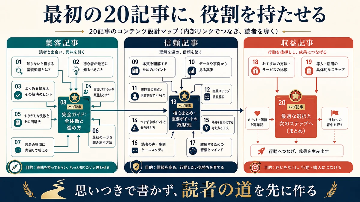 最初の20記事を集客記事、信頼記事、収益記事へ分け内部リンクでつなぐ設計図
