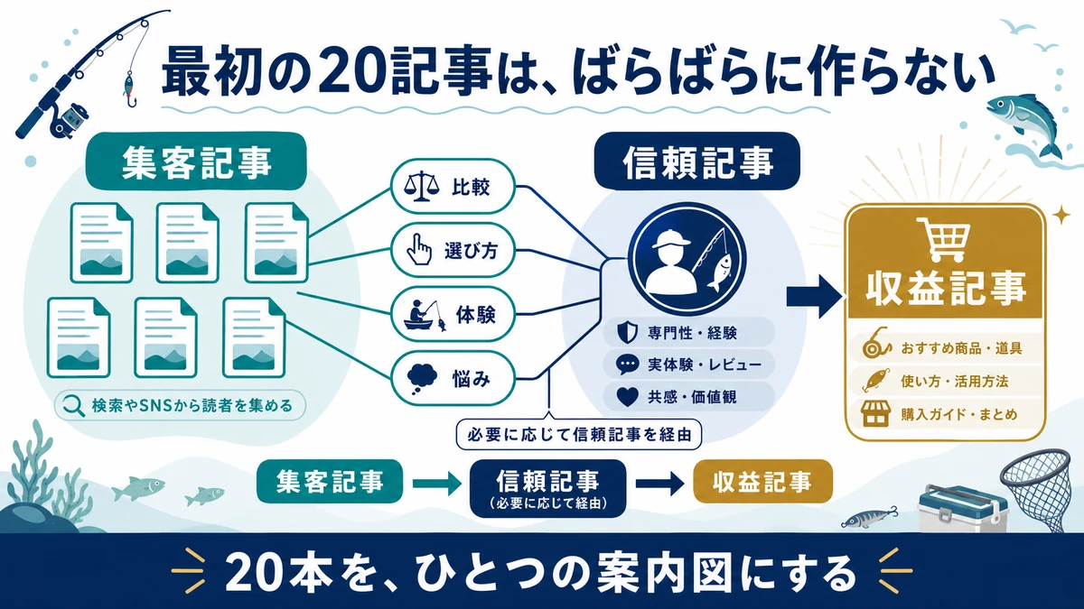 集客記事、信頼記事、収益記事を比較、選び方、体験、悩みでつなぐ初期20記事の案内図