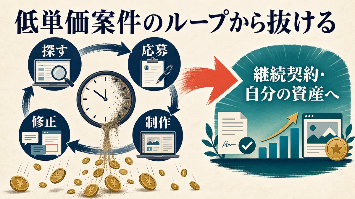 案件探し、応募、制作、修正を繰り返す低単価案件から継続契約と自分の資産へ抜ける図