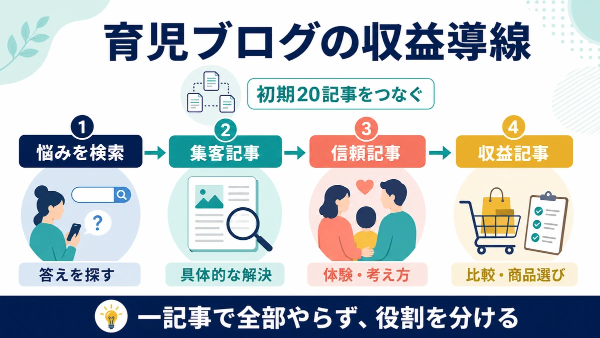 悩みの検索から集客記事、信頼記事、収益記事へ初期20記事をつなぐ読者導線