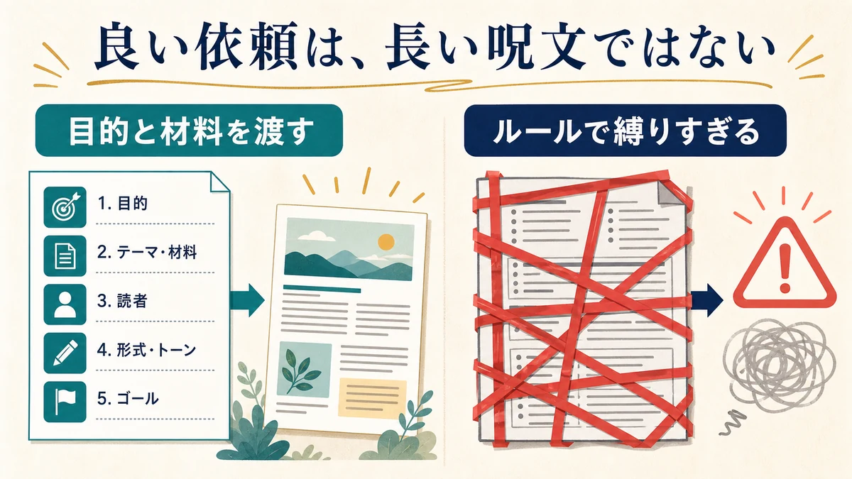 目的、ターゲット、一次情報、読後の行動を自然な日本語で伝えるプロンプトの型