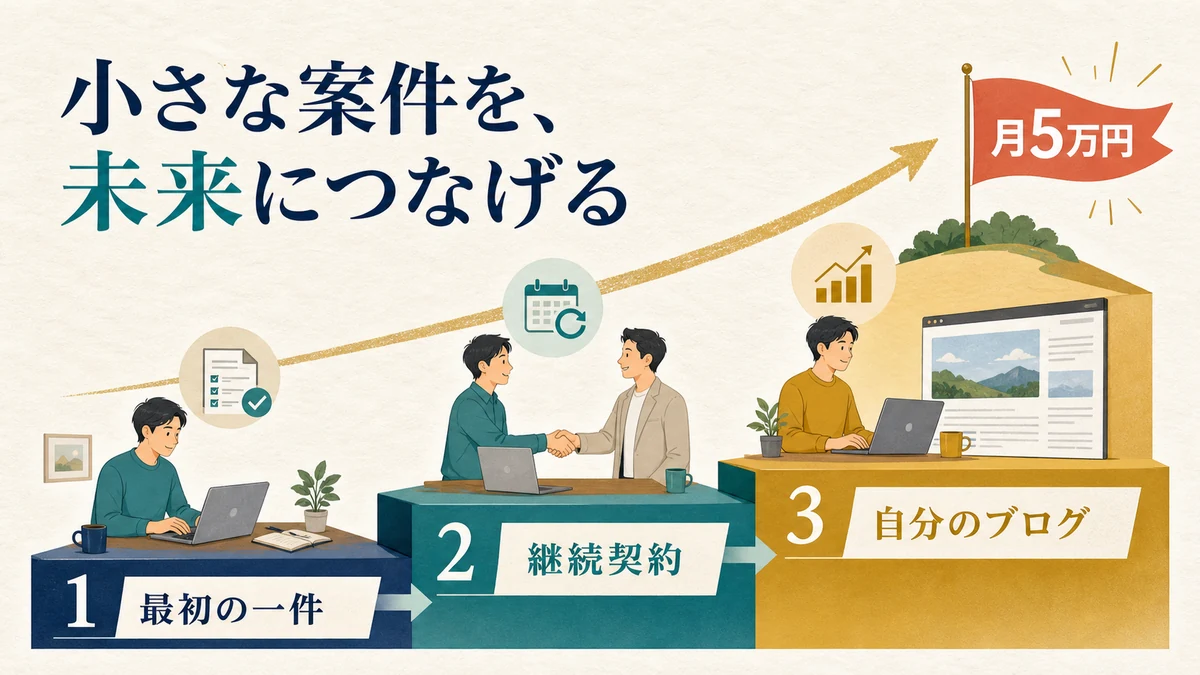 最初の一件から継続契約を経て自分のブログ資産と月5万円を目指す成長ステップ