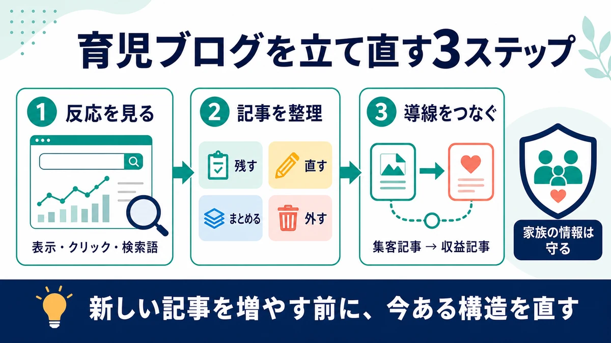 検索反応を見て記事を残す直すまとめる外すに整理し集客記事から収益記事へ導線をつなぐ手順