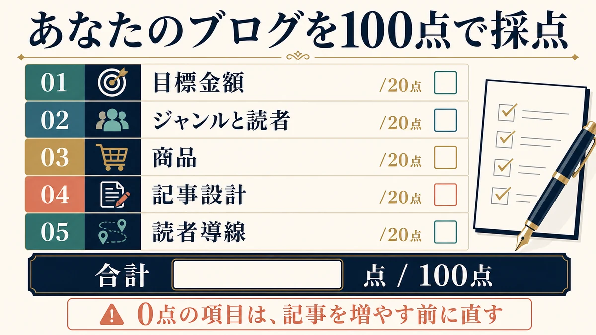 目標金額、ジャンルと読者、商品、記事設計、読者導線を各20点で確認する採点表