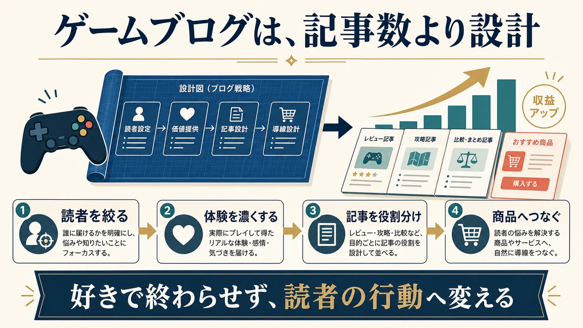 読者を絞り体験を濃くし記事を役割分けして商品へつなぐゲームブログ収益化の要点