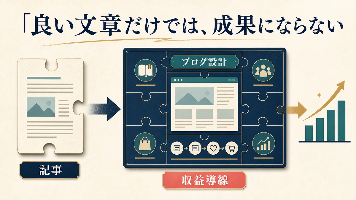 記事をブログ設計と収益導線へ組み込み成果につなげる考え方を示す図
