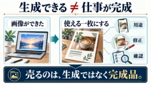 生成して喜ぶ段階と、用途・修正・確認を経て完成品を渡す段階の比較図