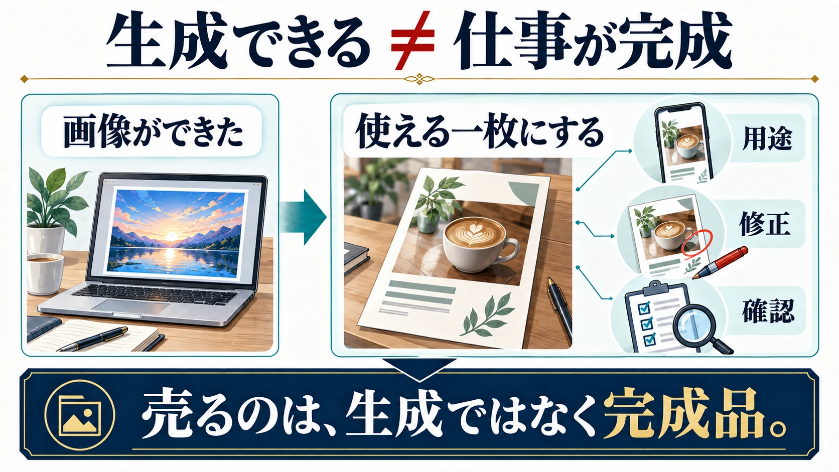 生成して喜ぶ段階と、用途・修正・確認を経て完成品を渡す段階の比較図