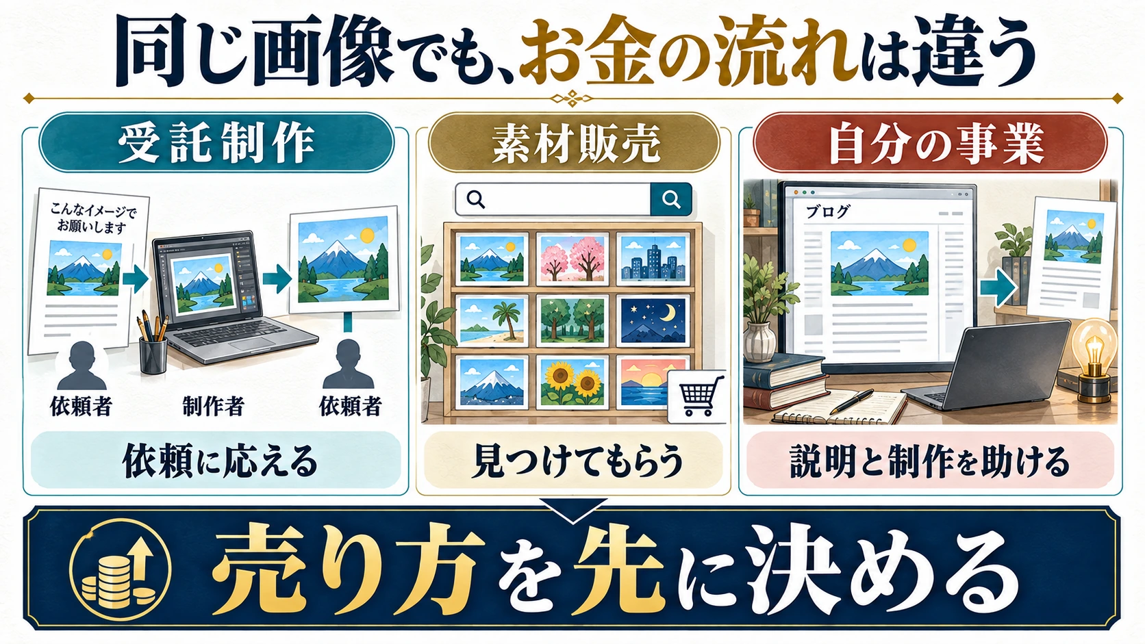 受託は依頼へ応え、素材販売は選ばれ、自分の事業では説明を助けるという三つの使い道