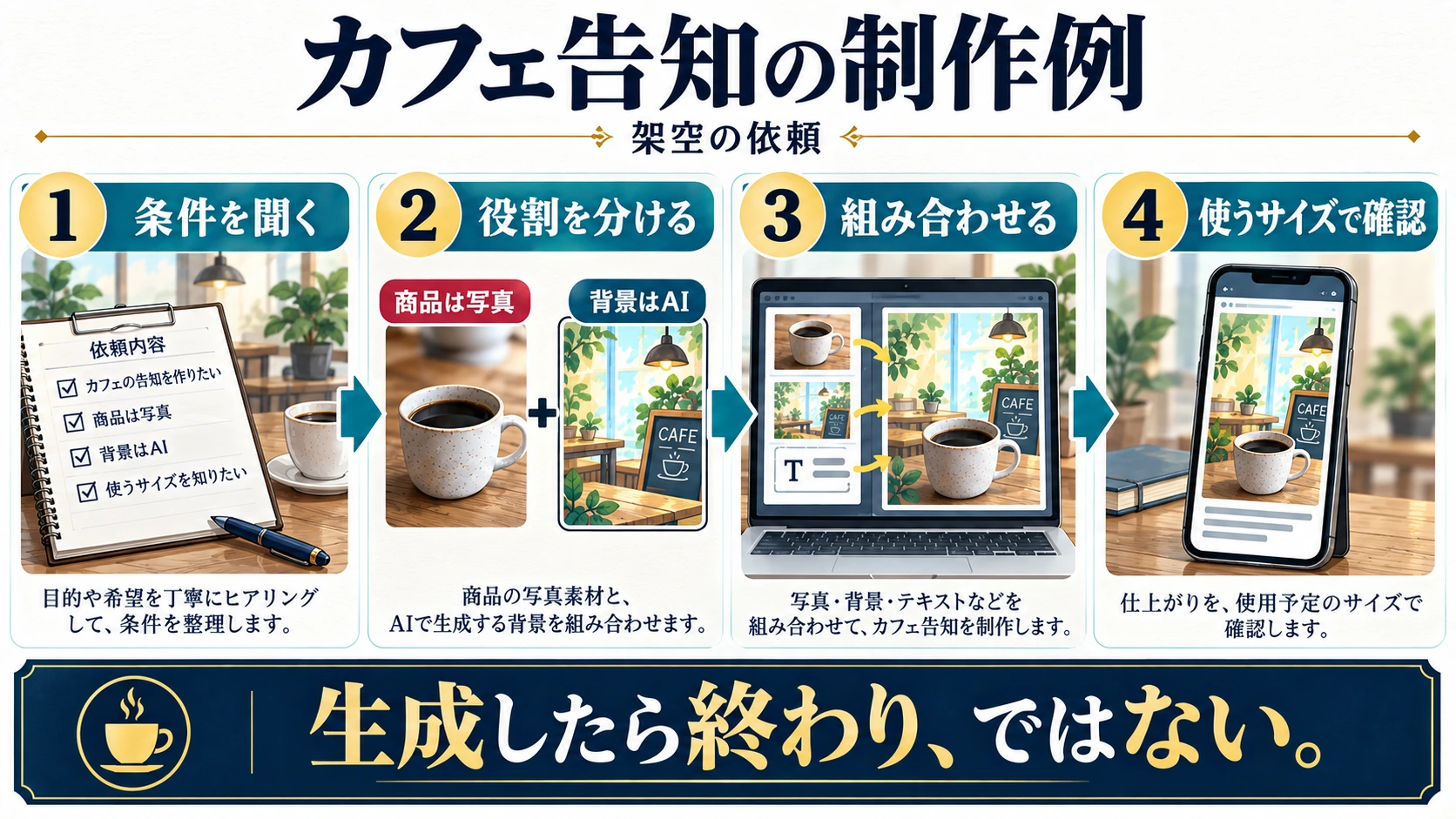 架空のカフェ告知で、条件確認・写真とAI背景の分担・合成・スマホでの検査を行う四工程