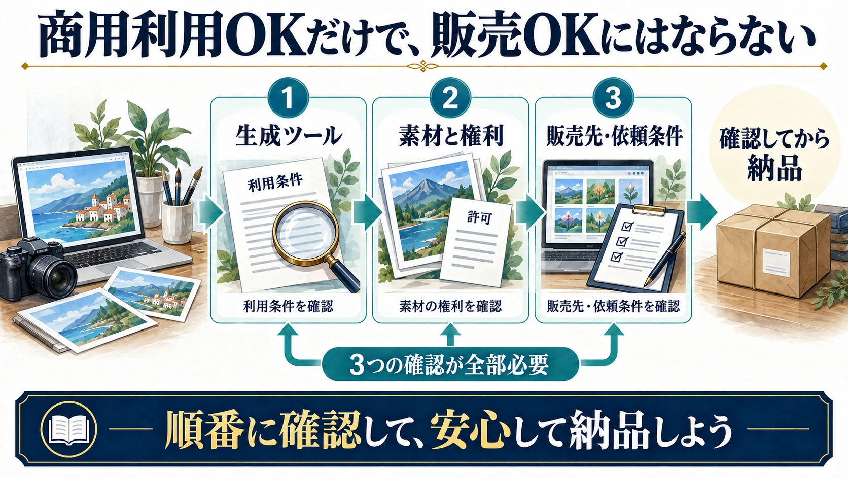 生成ツール、素材と権利、販売先と依頼条件の三つを別々に確認してから納品する図