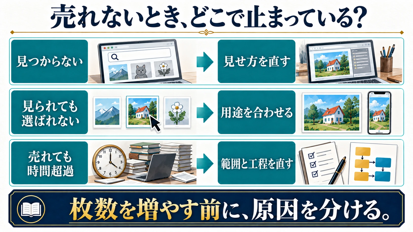 見つからない・選ばれない・時間超過の三つに分け、見せ方・用途・工程を直す判断図