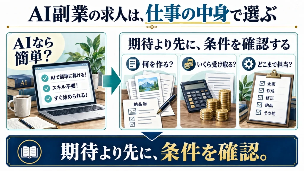 AIなら簡単という期待から、納品物・報酬・担当範囲を確認する求人選びへ変える図