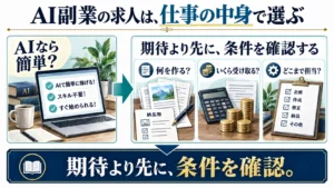AIなら簡単という期待から、納品物・報酬・担当範囲を確認する求人選びへ変える図