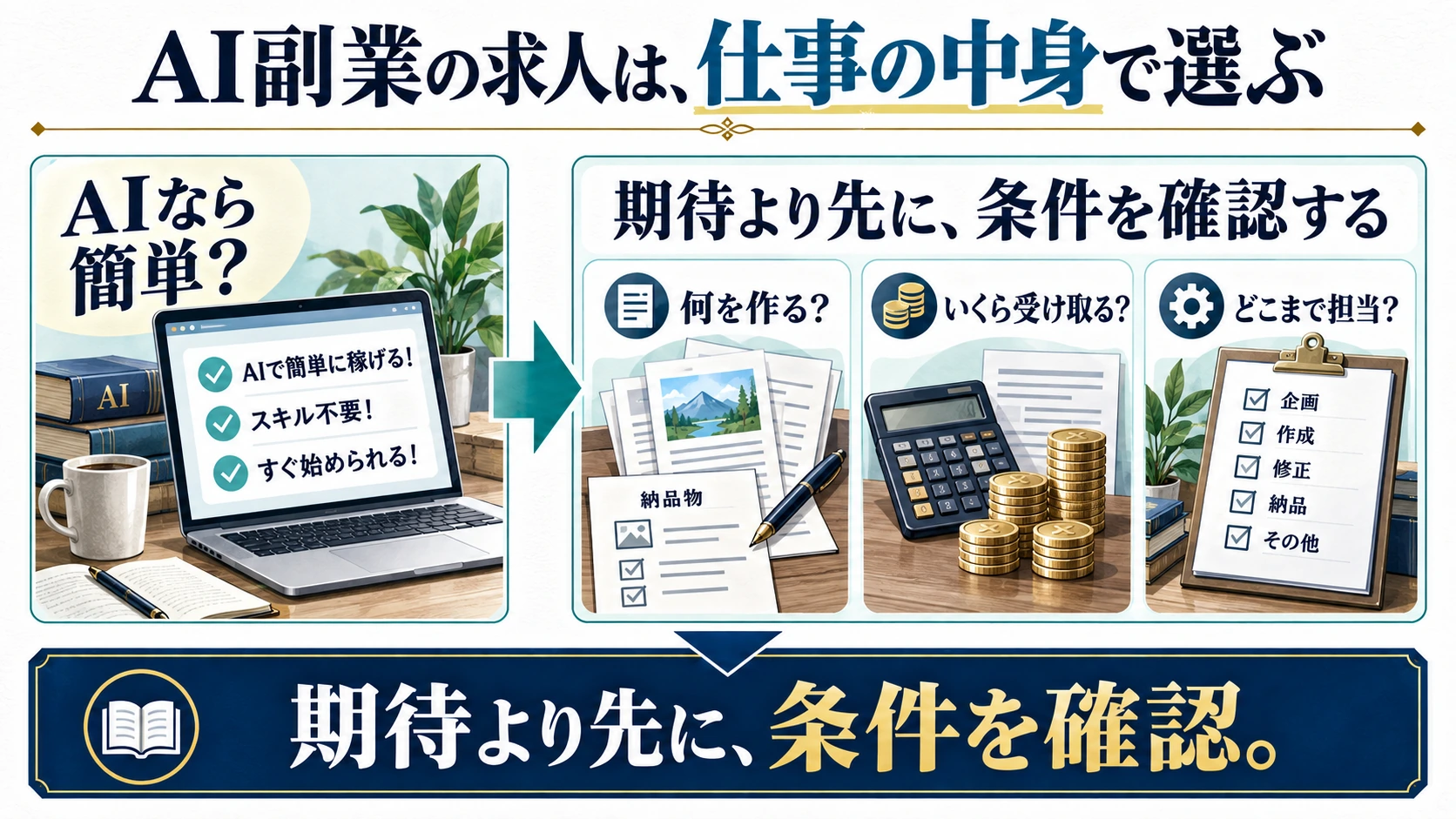 AIなら簡単という期待から、納品物・報酬・担当範囲を確認する求人選びへ変える図