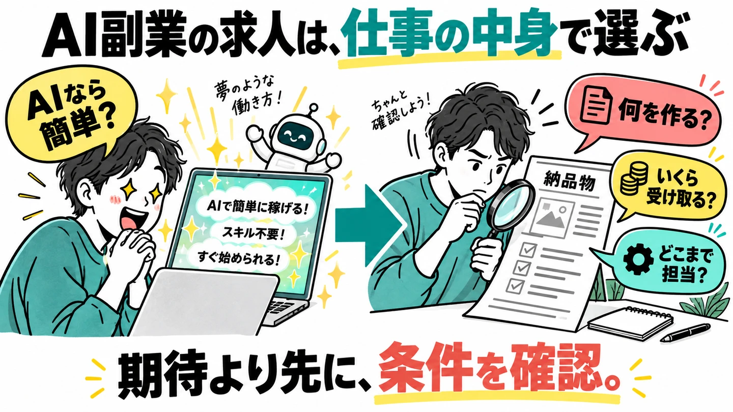 AIなら簡単という期待から、納品物・報酬・担当範囲を確認する求人選びへ変える図