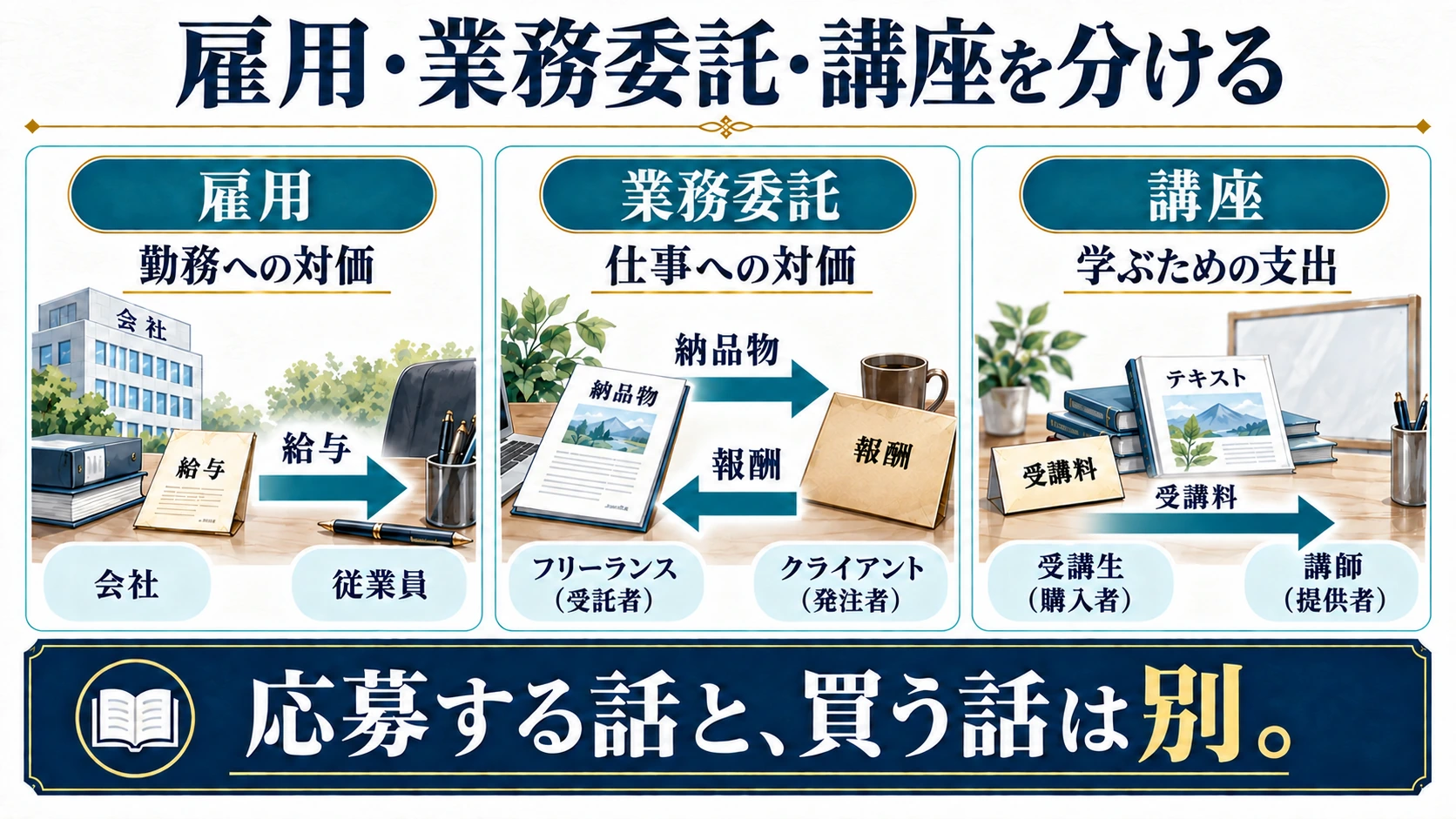 雇用の給与、業務委託の報酬、講座の受講料ではお金の向きが異なる図