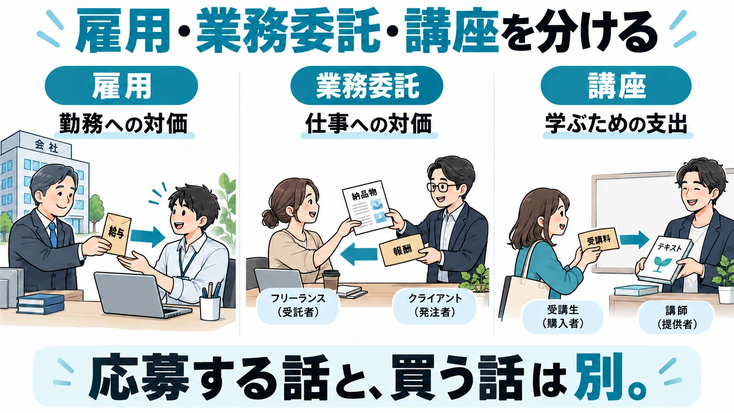 雇用の給与、業務委託の報酬、講座の受講料ではお金の向きが異なる図