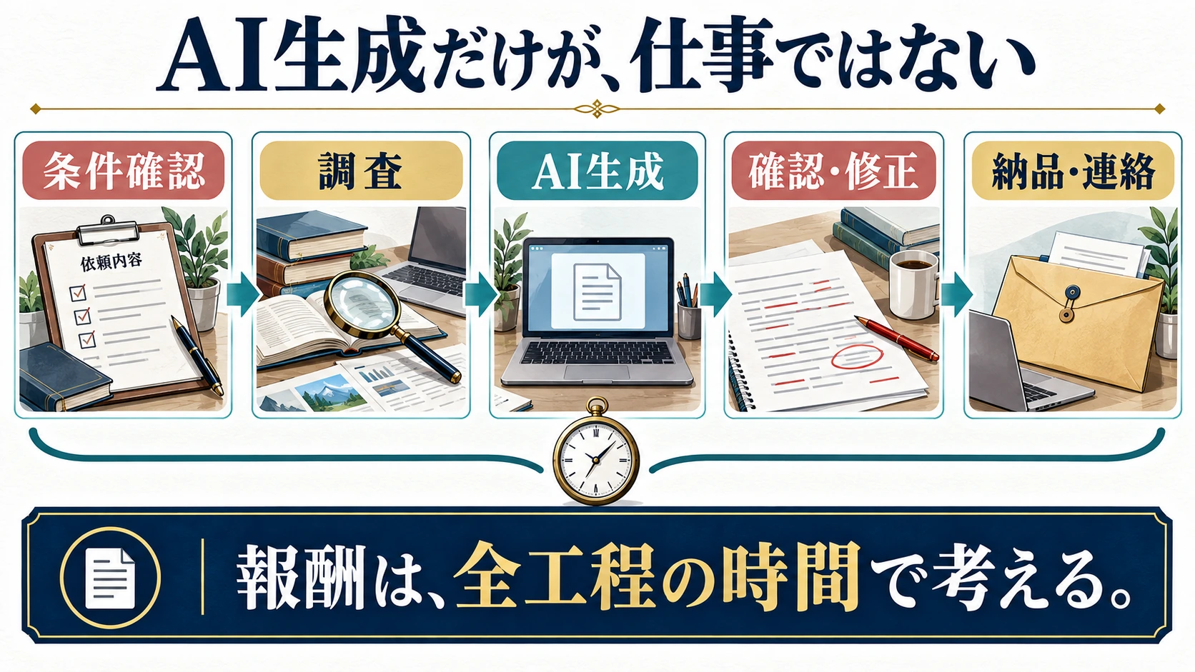 条件確認、調査、AI生成、確認修正、納品連絡までを含む仕事の全工程