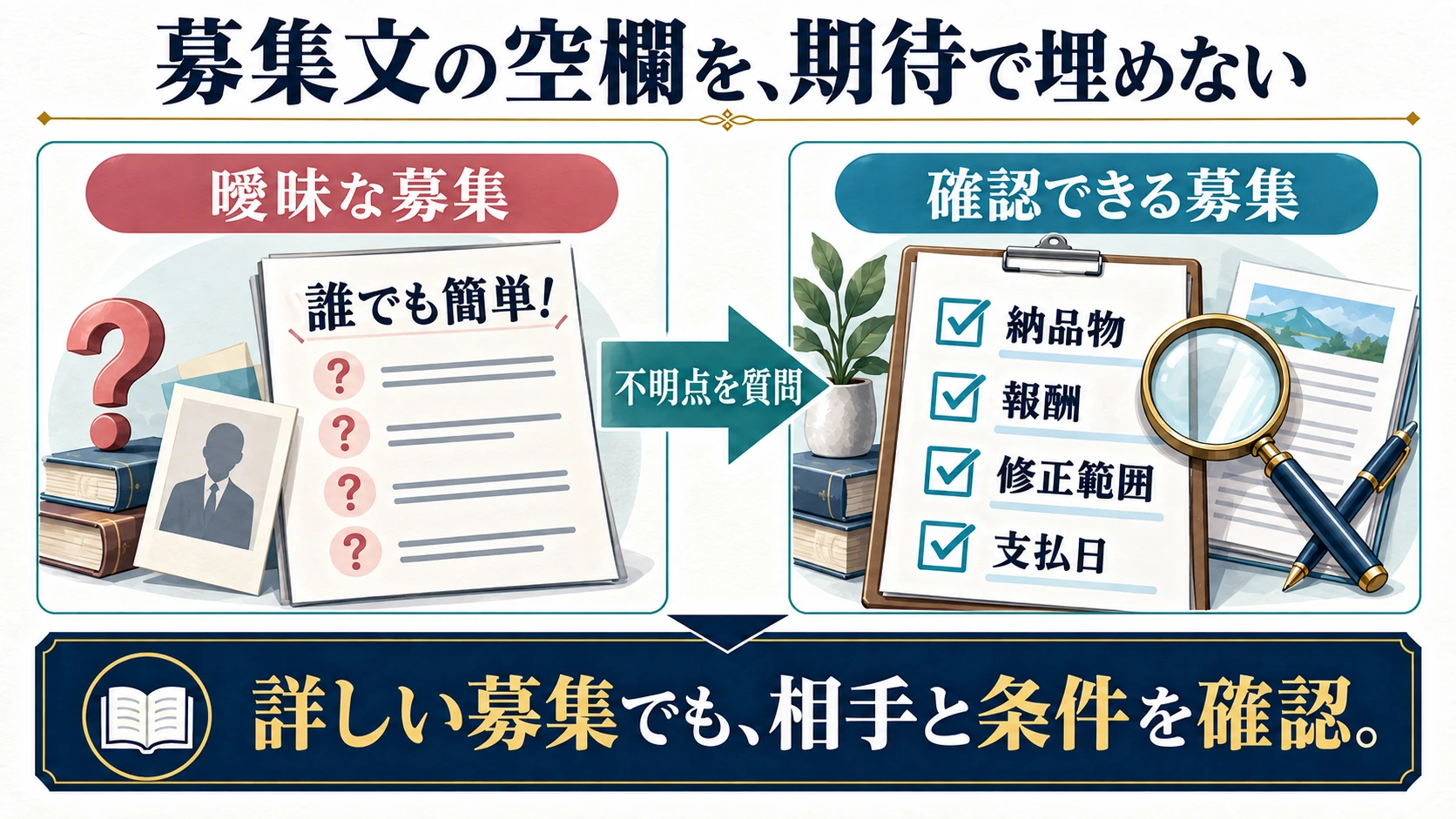 詳細が不明な募集と、納品物・報酬・修正範囲・支払日が確認できる募集の比較