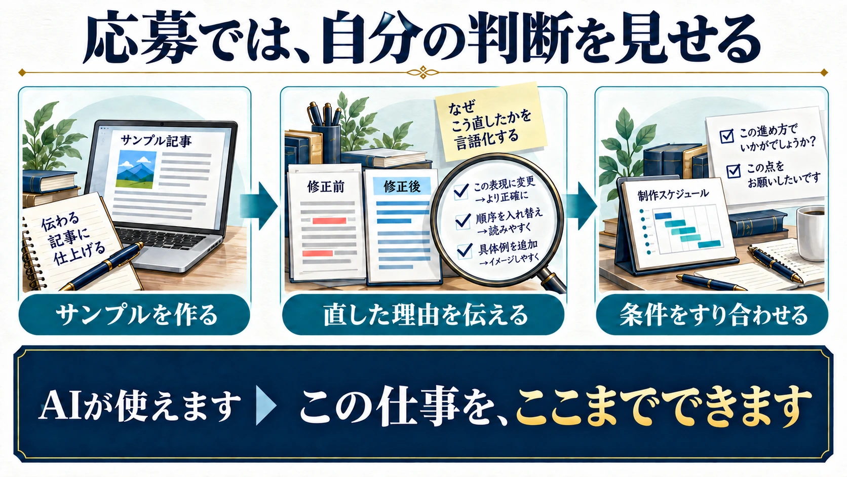 サンプルを作り、直した理由を伝え、条件をすり合わせる応募の流れ