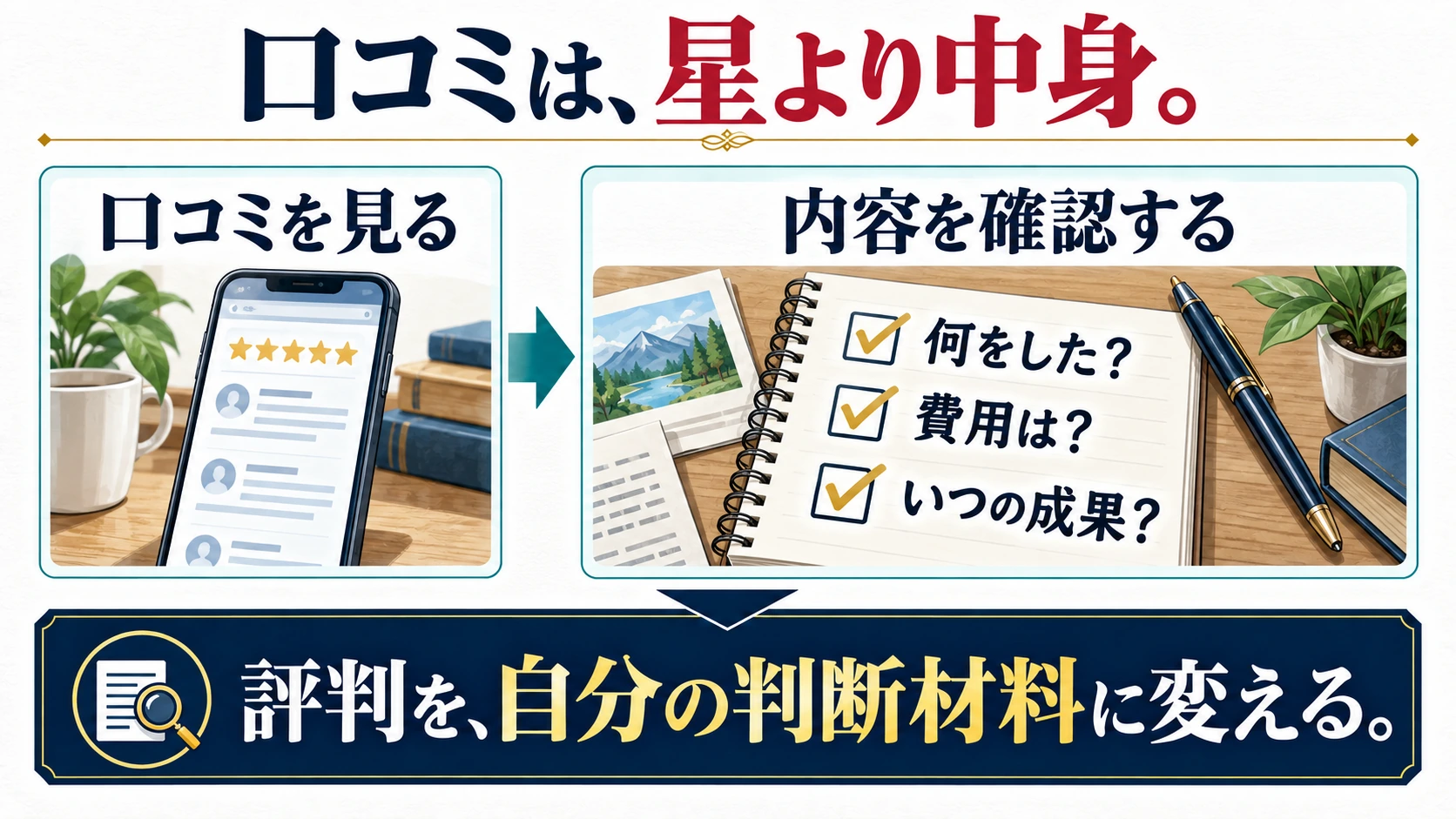 星や賞賛を見る段階から、作業・費用・成果の時期を確認する段階へ変える図