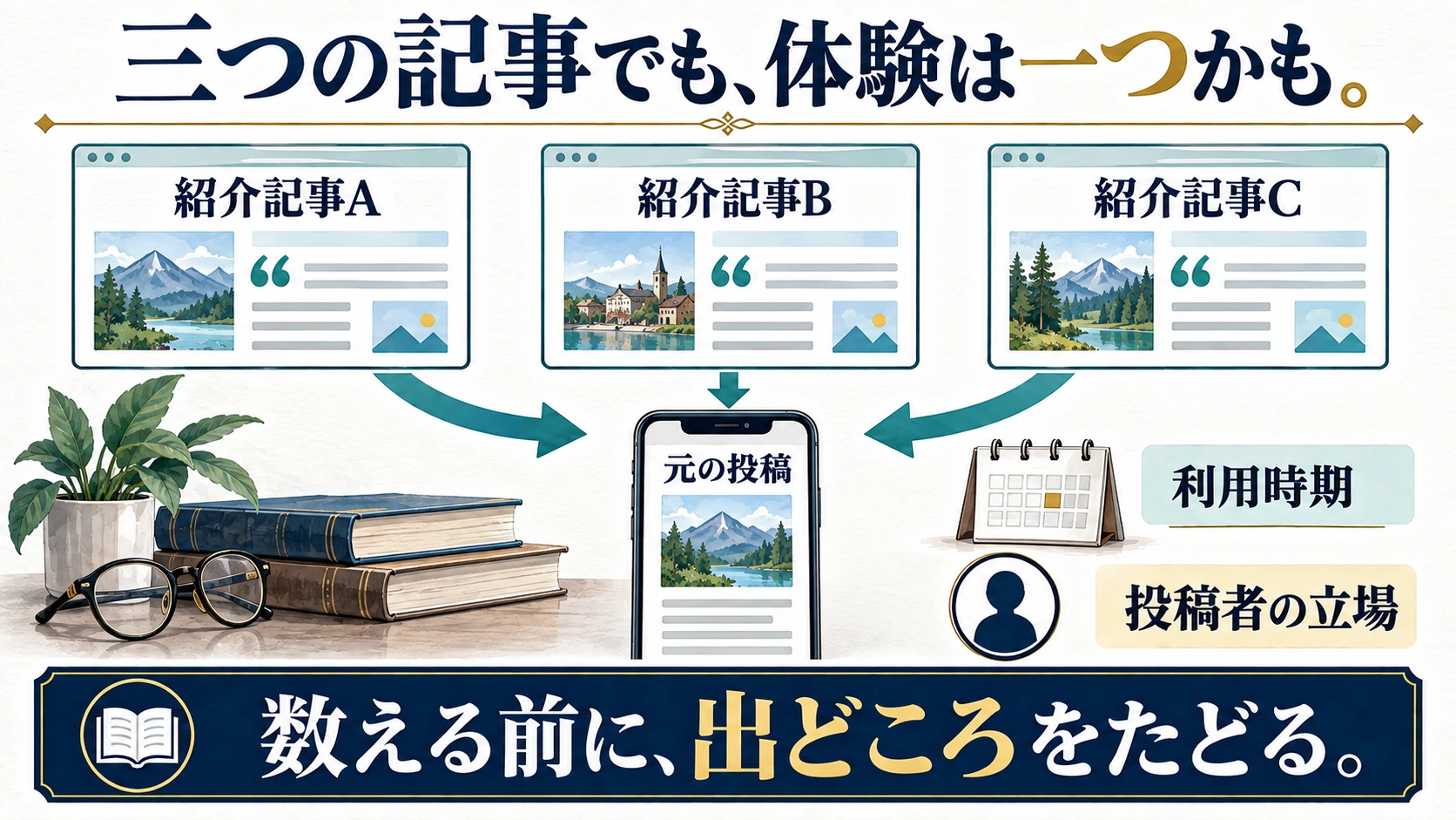 三つの紹介記事が同じ一人の元投稿を参照している関係図