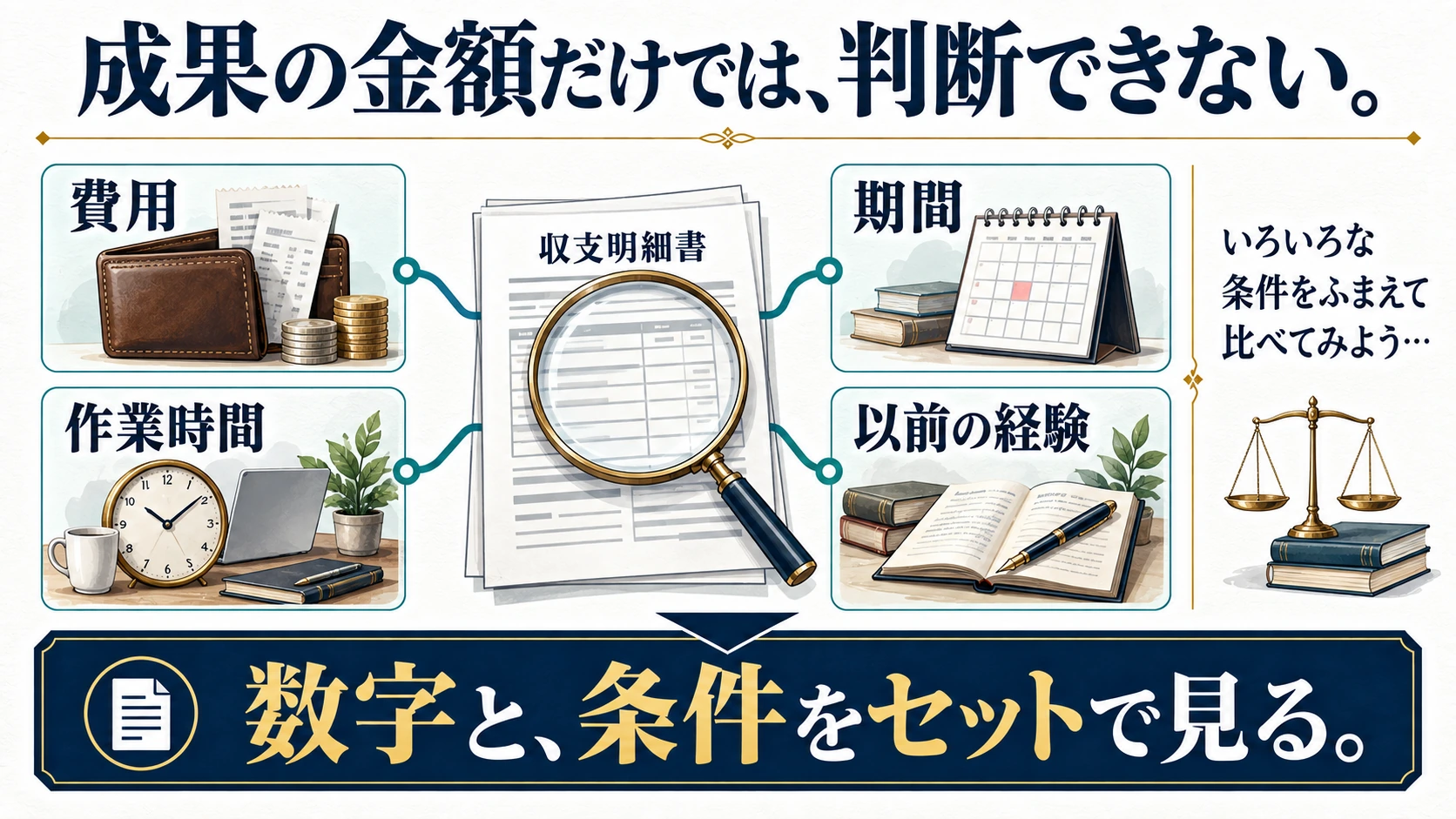 収益の数字と合わせて費用・期間・作業時間・以前の経験を確認する図