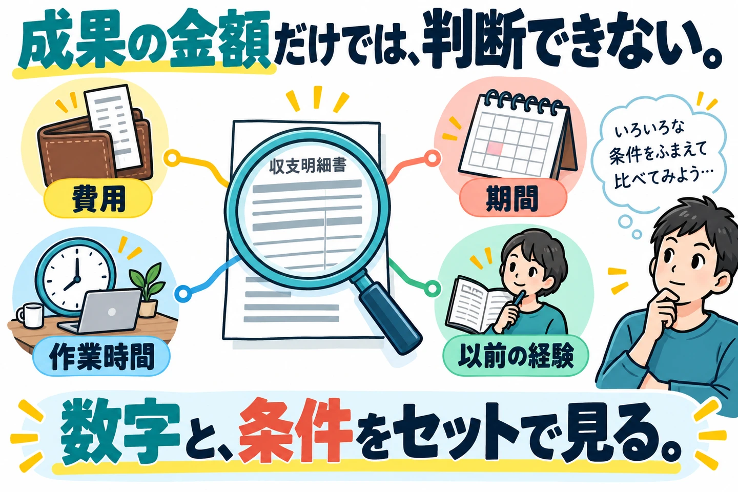 収益の数字と合わせて費用・期間・作業時間・以前の経験を確認する図