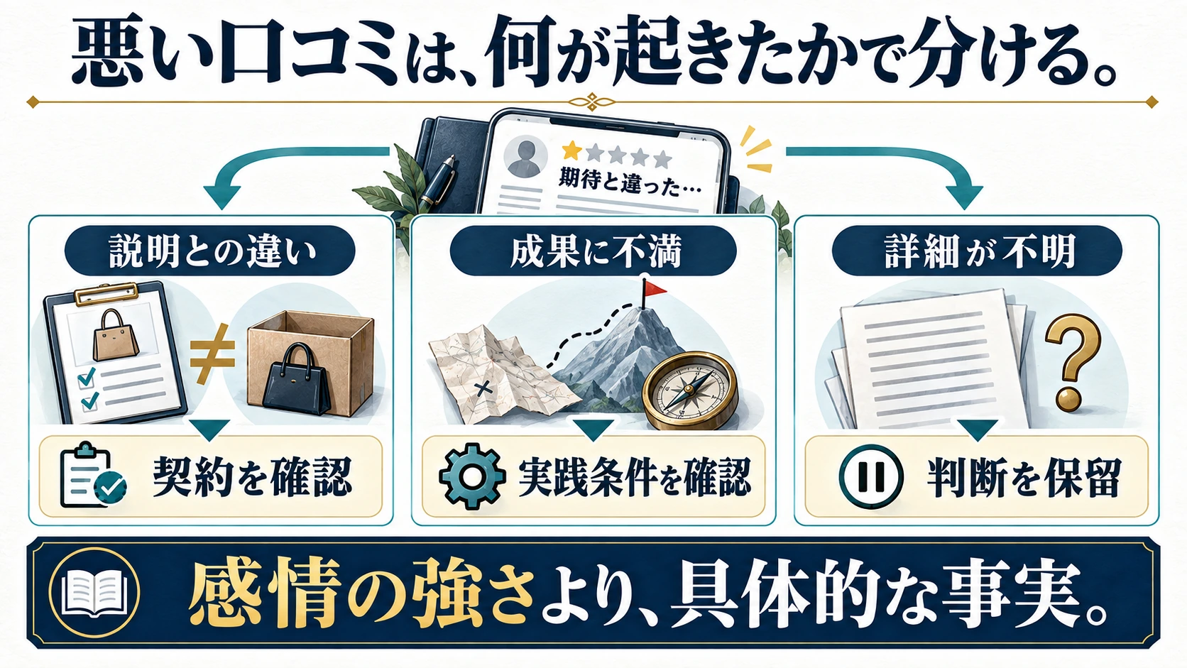 悪い口コミを説明との違い・成果への不満・詳細不明に分け、確認方法を変える図